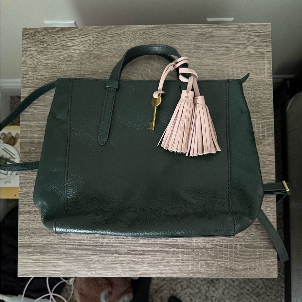 Fossil Green Leather Backpack with Tassel